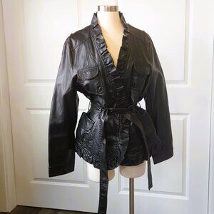 Solitaire by Ravi Khosla Black Ruffle Trim Belted Faux Leather Jacket Women’s 1X